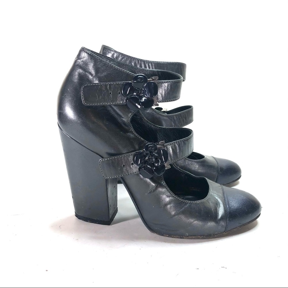 chanel black flower sandals buckle heels size 37